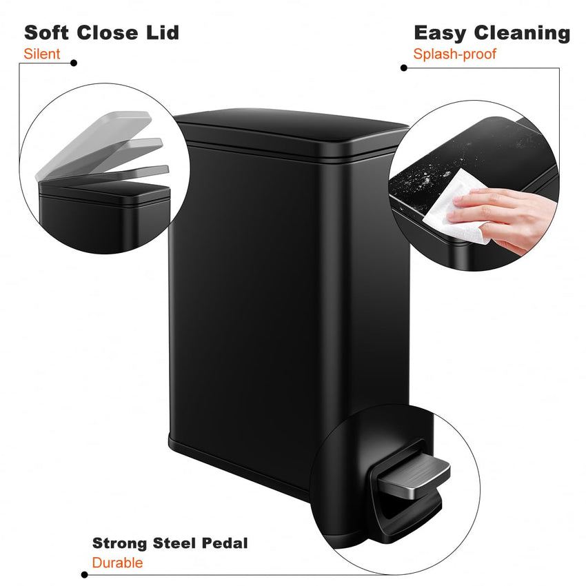 Slim Bathroom Trash Can with Lid Soft Close, 1.6 Gallon Stainless Steel Garbage Can with Removable Inner Bucket, Durable Step Pedal, Small Trash Bins for Toilet, Bedroom, Kitchen, Office