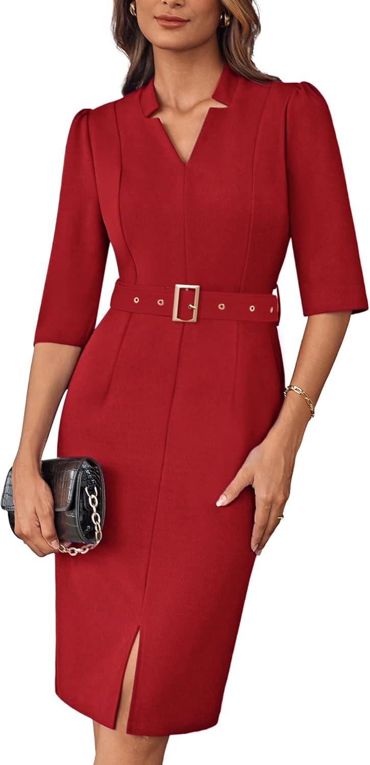 GRACE KARIN Women's Work Dress 3/4 Sleeve V Neck Bodycon Sheath Dress Zipper Up Office Business Dresses with Belt