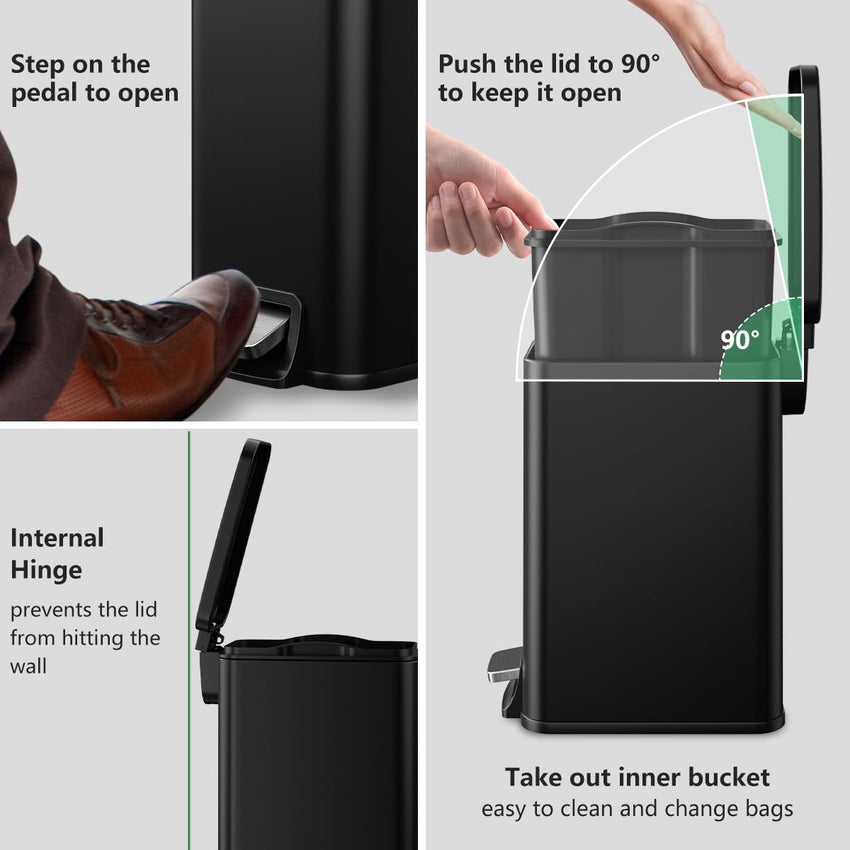 Slim Bathroom Trash Can with Lid Soft Close, 1.6 Gallon Stainless Steel Garbage Can with Removable Inner Bucket, Durable Step Pedal, Small Trash Bins for Toilet, Bedroom, Kitchen, Office