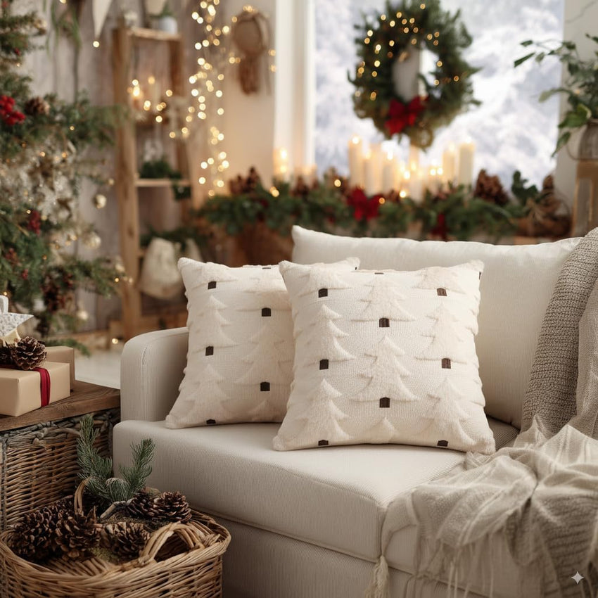 GEEORY Christmas Pillow Covers 18x18 Inch Set of 2, Christmas Decorations Xmas Tree Soft Plush Fluffy Faux Fur Decorative Throw Pillows Rustic Winter Decor Cushion Case Beige Brown GC034-18