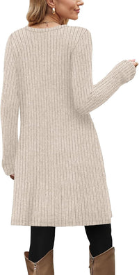 OFEEFAN Fall and Winter Tunic Dress with Pockets Long Sleeve Crew Neck Buttons Side