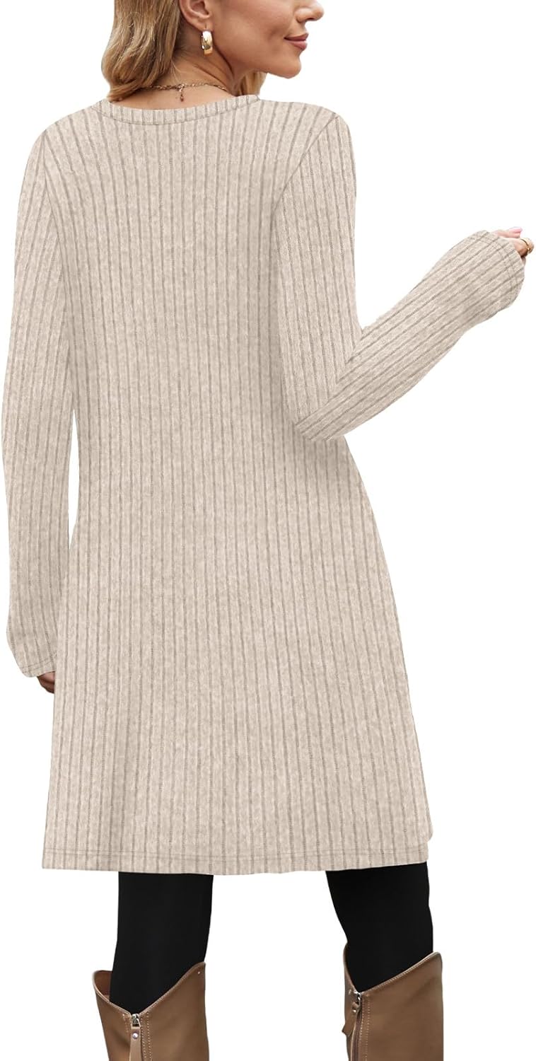OFEEFAN Fall and Winter Tunic Dress with Pockets Long Sleeve Crew Neck Buttons Side