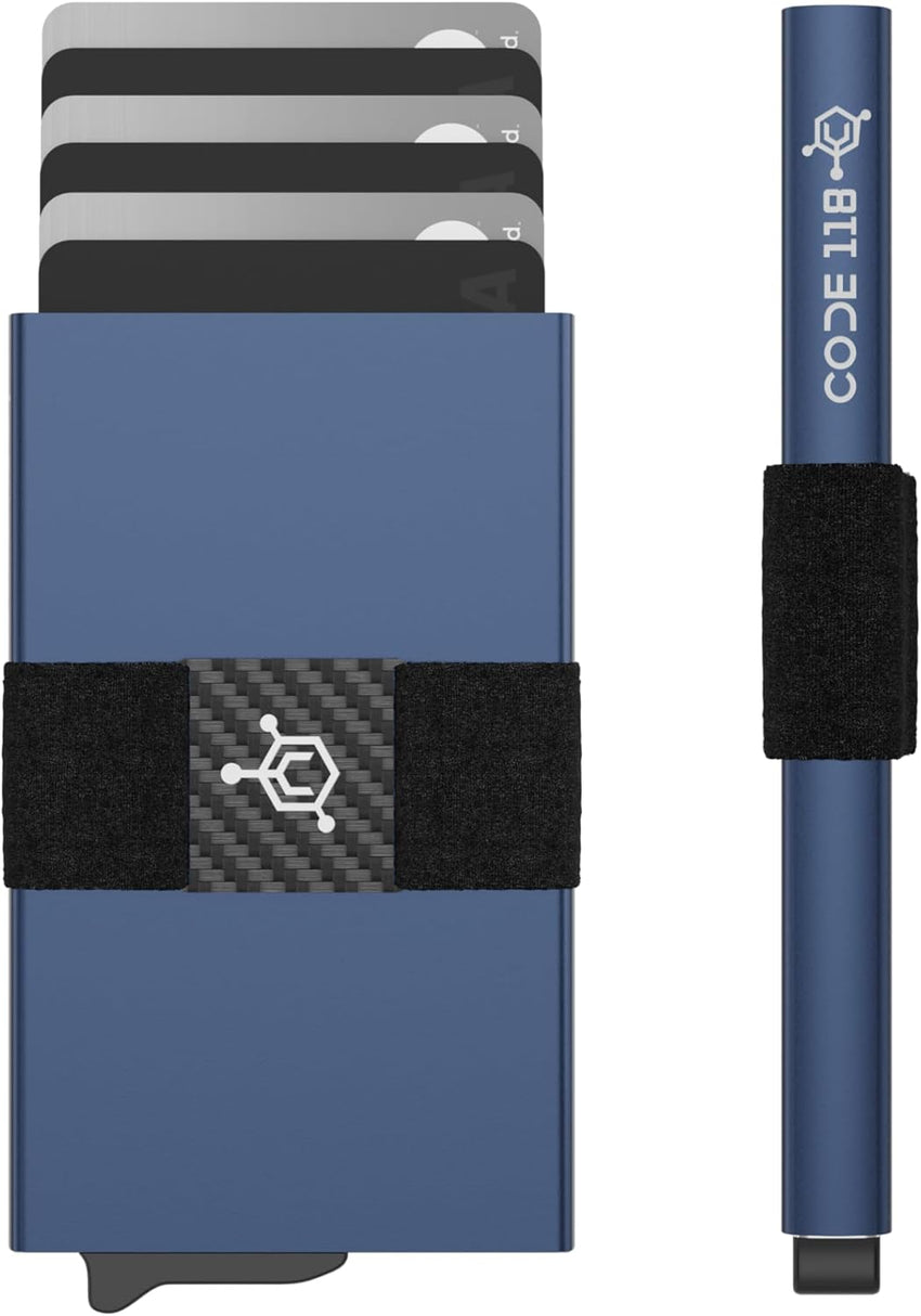 CODE 118 Wallet - Premium Automatic Smart Wallet, RFID Blocking, Pop Up Mens Minimalist Metal Wallet, 6061-T6 Aerospace-Grade Aluminum, Genuine 3K Carbon Fiber (Classic, Slate Grey)