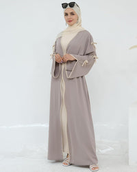 Elegant Flowy Muslim Cardigan Robe with Bow Accents Front Wave Design Abaya for Women Open Front Abaya with Belt