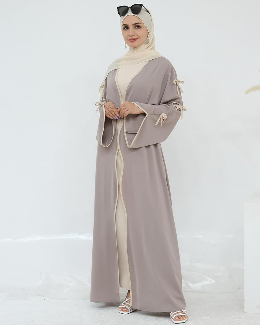 Elegant Flowy Muslim Cardigan Robe with Bow Accents Front Wave Design Abaya for Women Open Front Abaya with Belt