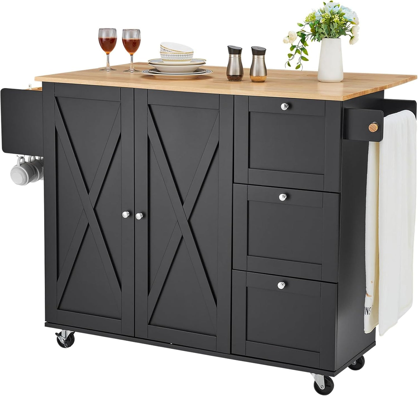 VEVOR Kitchen Island Cart with Solid Wood Top, 35.4" Width Mobile Carts with Storage Cabinet, Rolling Kitchen Table with Spice Rack, Towel Rack, and Drawer, Portable Islands on Wheels, White