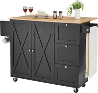 VEVOR Kitchen Island Cart with Solid Wood Top, 35.4" Width Mobile Carts with Storage Cabinet, Rolling Kitchen Table with Spice Rack, Towel Rack, and Drawer, Portable Islands on Wheels, White