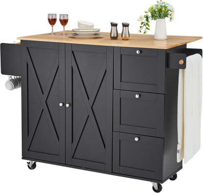 VEVOR Kitchen Island Cart with Solid Wood Top, 35.4" Width Mobile Carts with Storage Cabinet, Rolling Kitchen Table with Spice Rack, Towel Rack, and Drawer, Portable Islands on Wheels, White