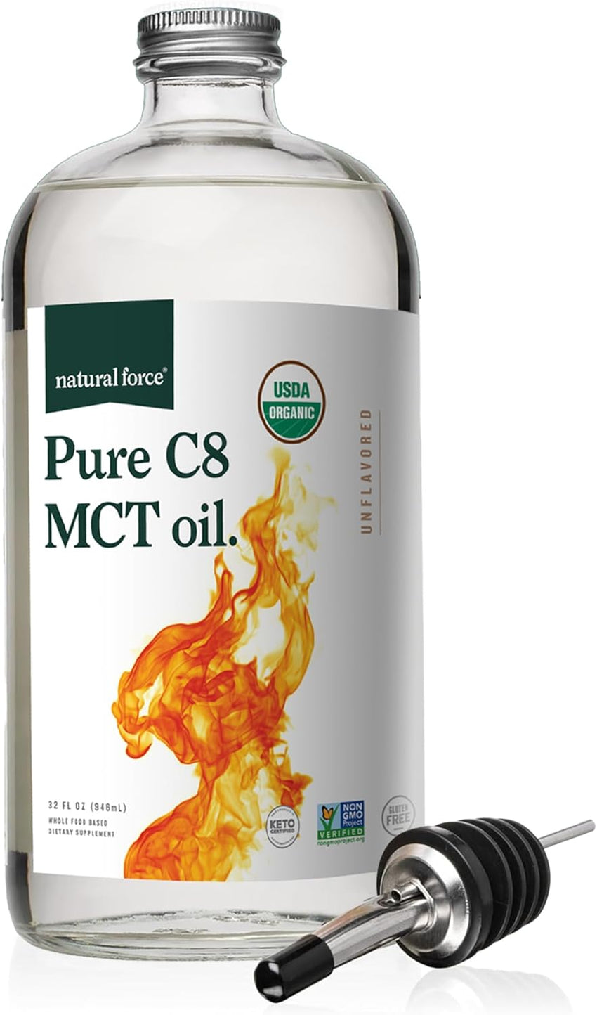 Natural Force Organic Pure C8 MCT Oil – Liquid MCT Oil in Glass Bottle Container – Concentrated Caprylic Acid – Keto, Paleo, Kosher, Vegan & Non-GMO – Lab Tested for Quality and Purity, 16 Ounce