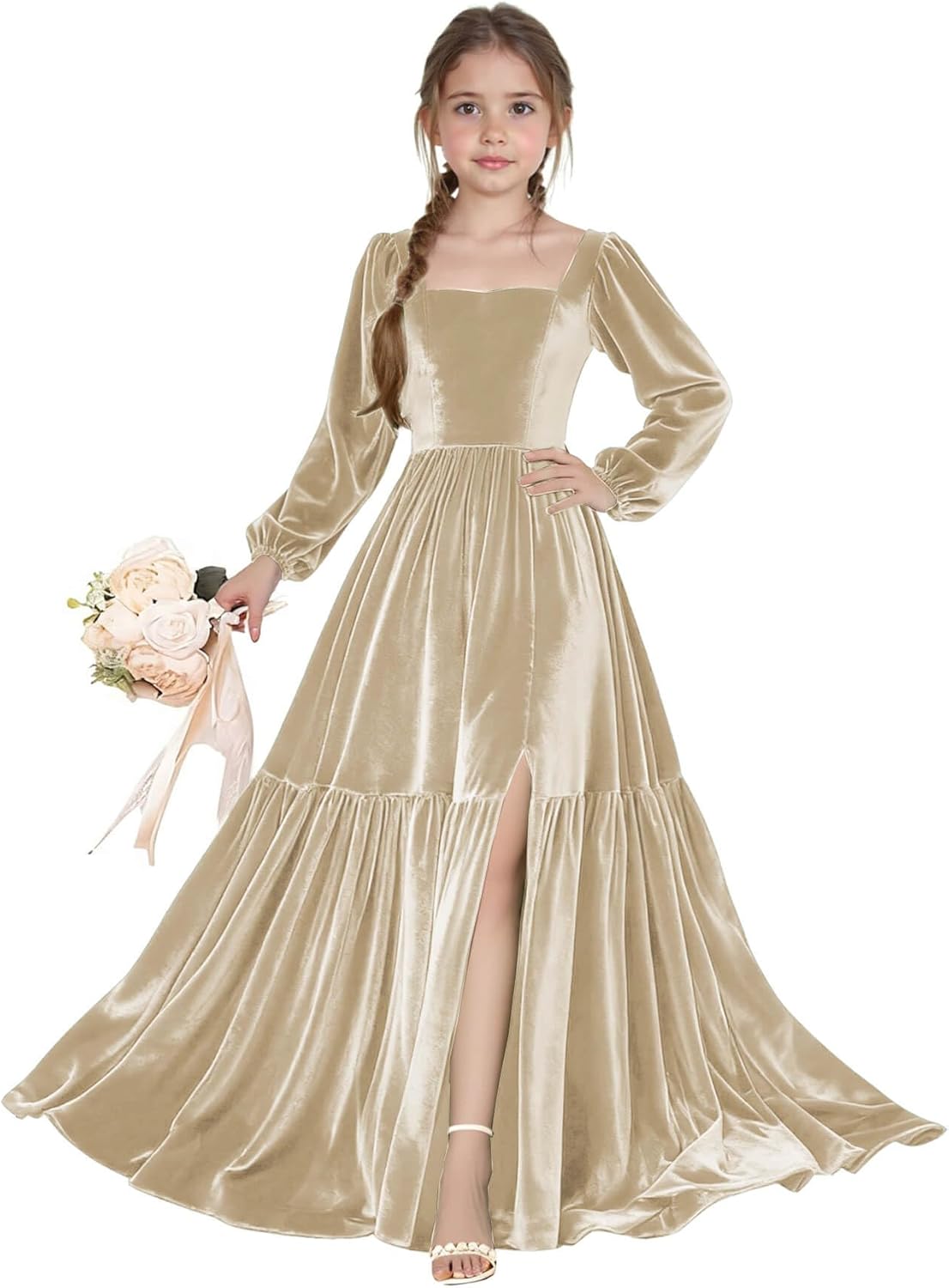 Long Sleeve Velvet Junior Bridesmaid Dresses Girls Holiday Dresses with Slit Christmas Maxi Dress Formal Party Gown