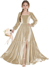 Long Sleeve Velvet Junior Bridesmaid Dresses Girls Holiday Dresses with Slit Christmas Maxi Dress Formal Party Gown