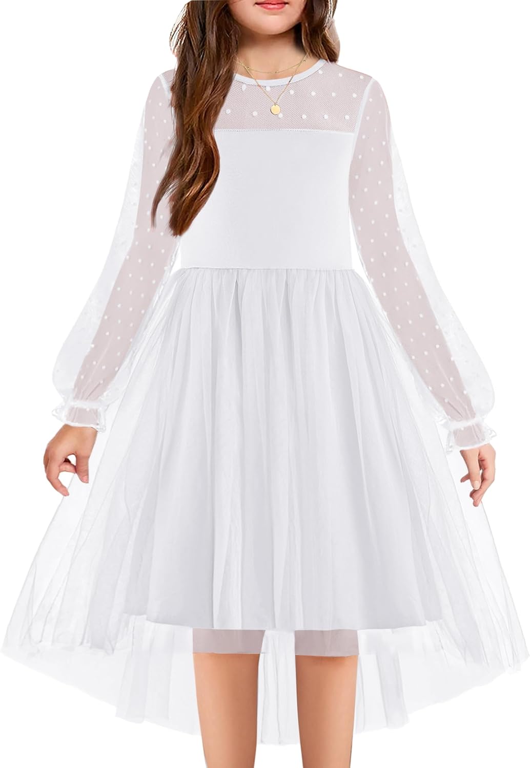 Arshiner Girls Dresses Contrast Mesh Long Sleeve Twirly High Low Birthday Party Formal Dress