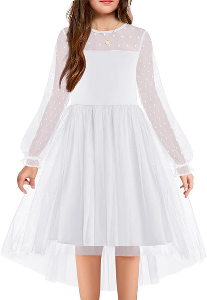 Arshiner Girls Dresses Contrast Mesh Long Sleeve Twirly High Low Birthday Party Formal Dress