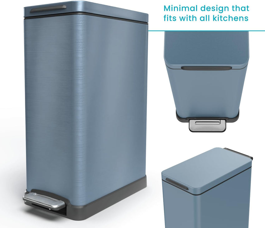 Home Zone Living 12 Gallon Slim Kitchen Trash Can with Soft Close Lid, Step Pedal, Bag Tuck Band, and Removable Liner, Stainless Steel, Midnight Blue, 45 Liters