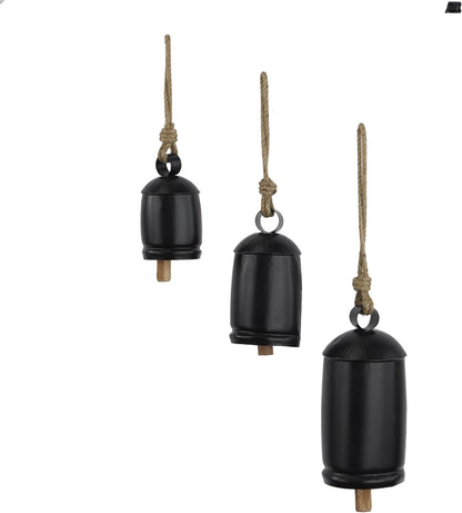 Deco 79 Gold Metal Tibetan Inspired Decorative Giant XL Cow Bells with Jute Hanging Rope, Set of 3 10",8",6"H - Cylindrical