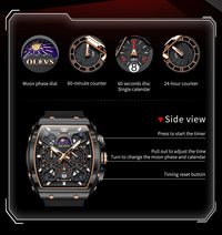 OLEVS Watches Men Chronograph Waterproof Rectangle Face Moon Phase Watches for Men Luminous Quartz Calendar Mens Wrist Watch - Silicon Strap