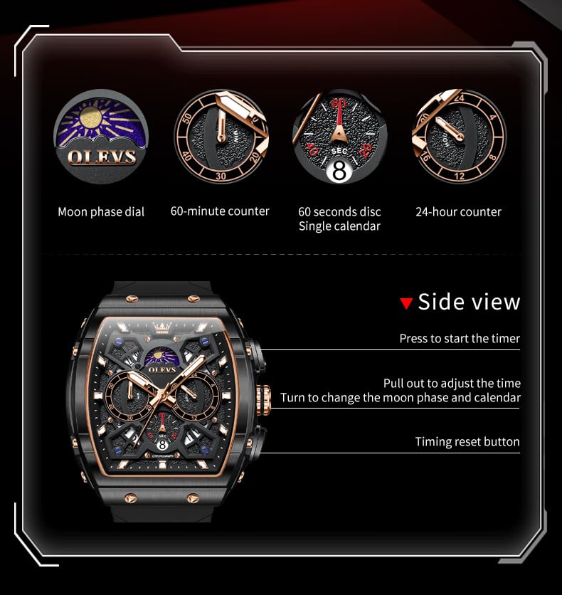OLEVS Watches Men Chronograph Waterproof Rectangle Face Moon Phase Watches for Men Luminous Quartz Calendar Mens Wrist Watch - Silicon Strap