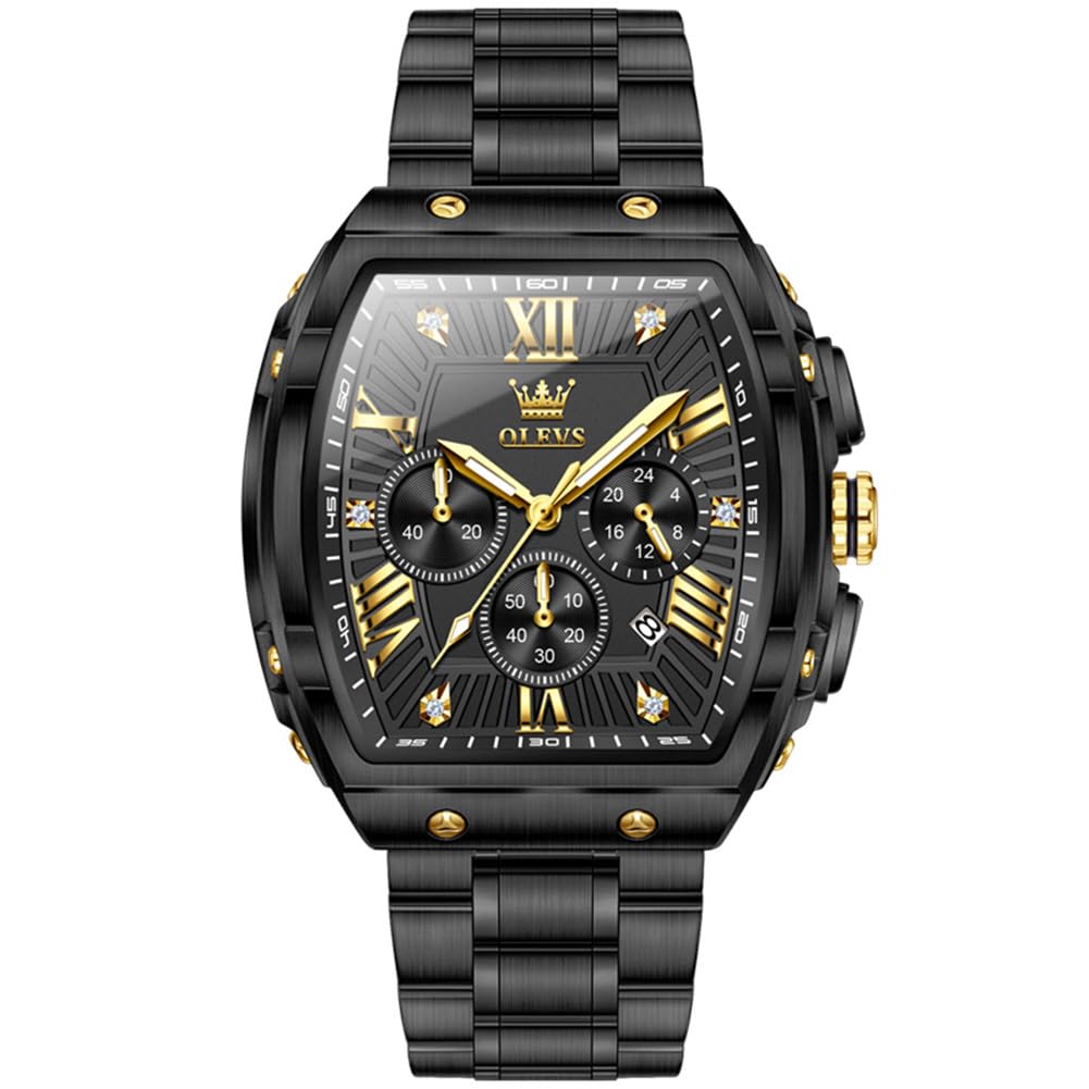 OLEVS Watches Men Chronograph Waterproof Rectangle Face Moon Phase Stainless Steel Strap Dress Watches for Men Luminous Quartz Calendar Mens Wrist Watch