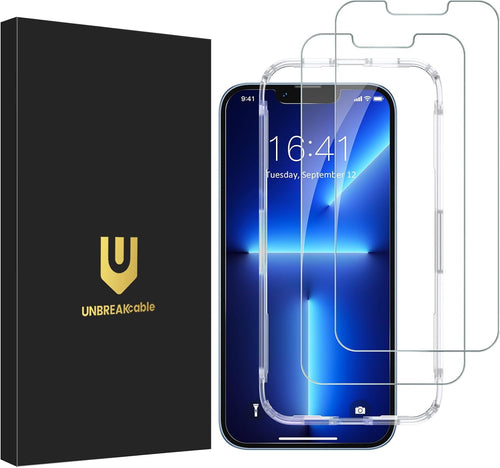 UNBREAKcable 2-Pack Screen Protector for iPhone 14/13/13 Pro Double Shatterproof Tempered Glass [Easy Installation Frame] [9H Hardness] [99.99% HD] [Bubble Free] for Apple 13 Pro/13/14 6.1 inch