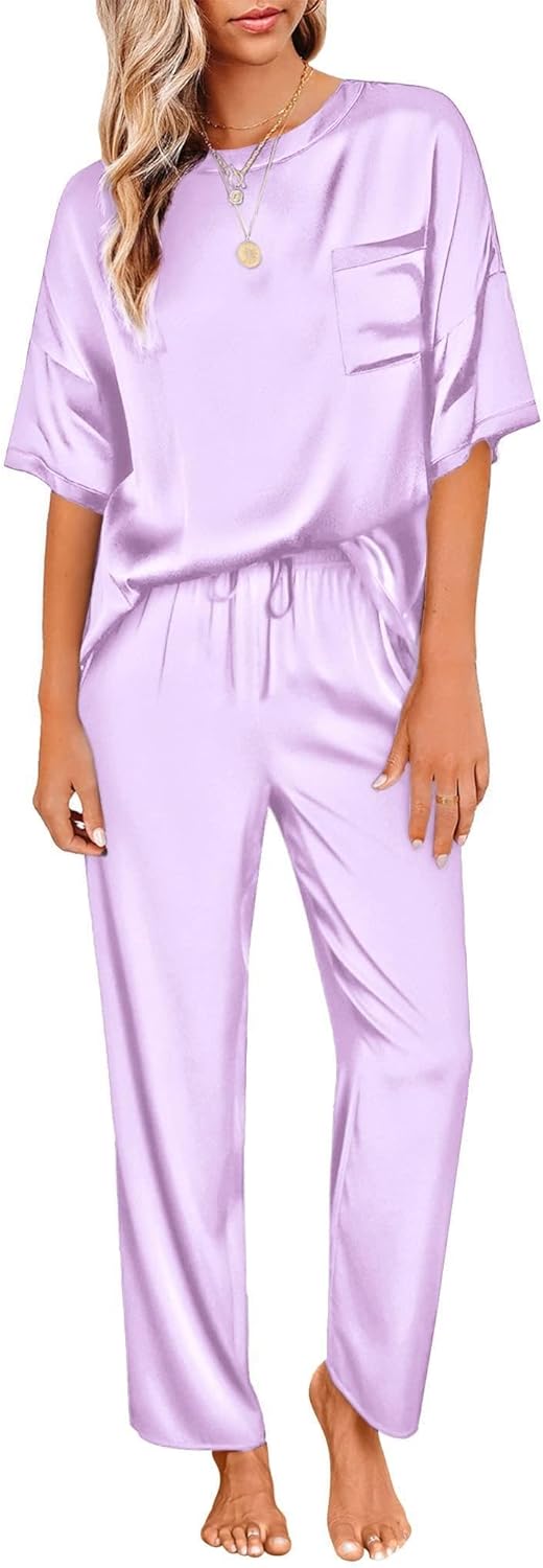 Ekouaer Womens Satin Silky Pajama Set Short Sleeve Shirt with Long Pajama Pant Set Soft PJ Loungewear