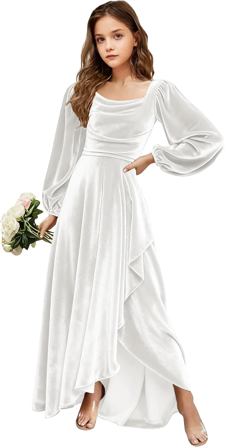 Velvet Junior Bridesmaid Dresses Long Sleeve Girls Christmas Dress Flower Girl Dresses Wedding Guest Maxi Party Gown