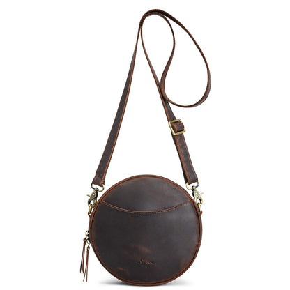 S-ZONE Leather Crossbody Bags for Women Circle Shoulder Round Purse Travel | Top Grain Leather, Keychain, Designer Handbag, Vintage, Multi Pockets, Detachable Strap, Eveyday Outing