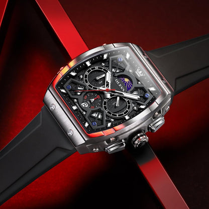 OLEVS Watches Men Chronograph Waterproof Rectangle Face Moon Phase Watches for Men Luminous Quartz Calendar Mens Wrist Watch - Silicon Strap