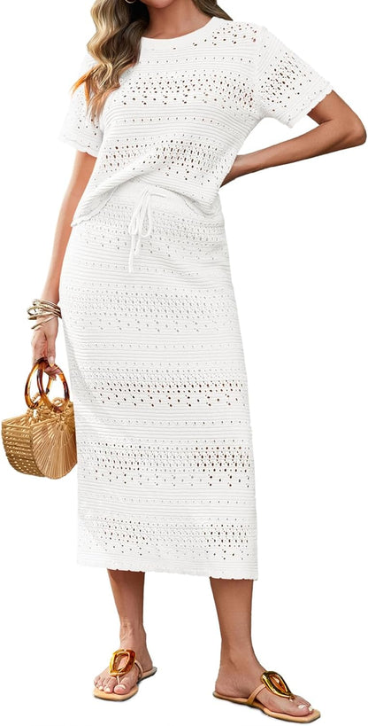 Tankaneo Womens Crochet Cover Up 2 Piece Skirt Sets Short Sleeve Knit Top Midi Skirt Vacation Travel Outfits