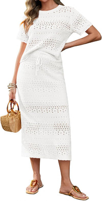 Tankaneo Womens Crochet Cover Up 2 Piece Skirt Sets Short Sleeve Knit Top Midi Skirt Vacation Travel Outfits