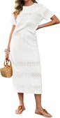 Tankaneo Womens Crochet Cover Up 2 Piece Skirt Sets Short Sleeve Knit Top Midi Skirt Vacation Travel Outfits