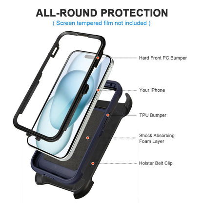 Shockproof Case for iPhone 16 Plus, Heavy Duty, Anti-Drop, 3 Layers, Grey with Belt Clip