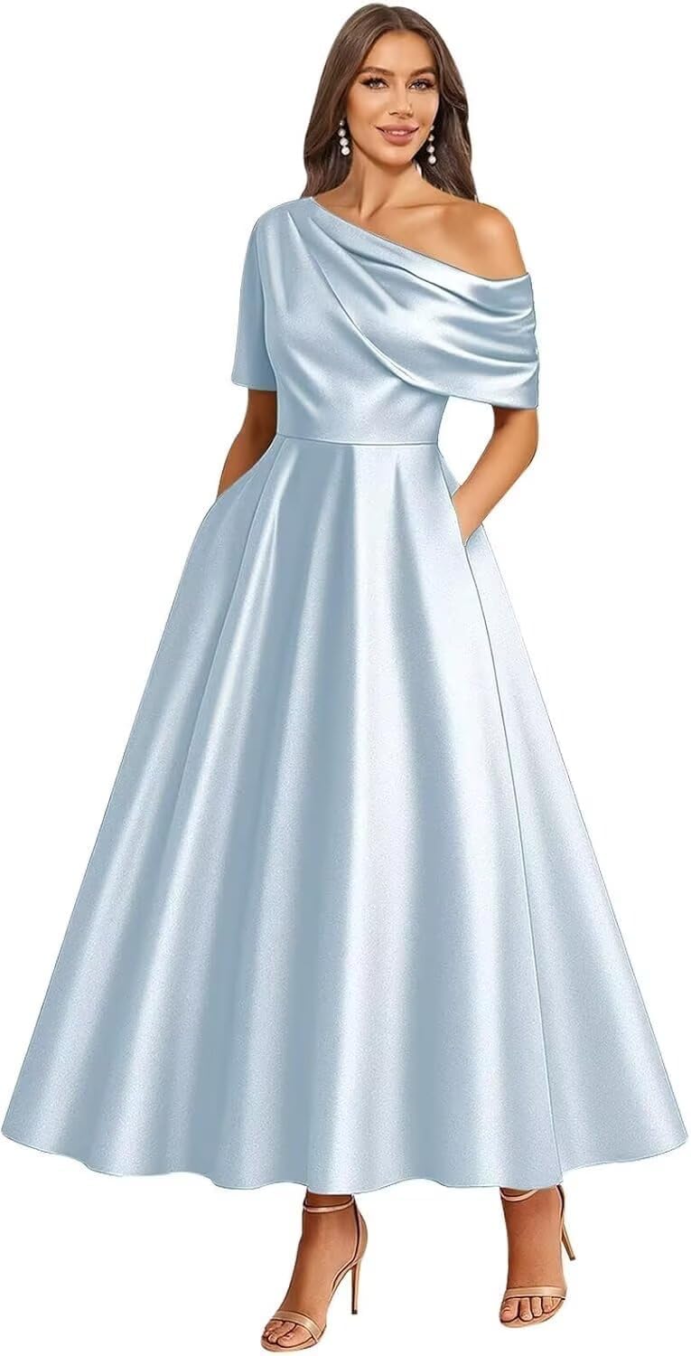 Tea Length Mother of Bride Dresses for Women Satin One Shoulder Wedding Guest Dress Formal Evening Party Gown with Pocket