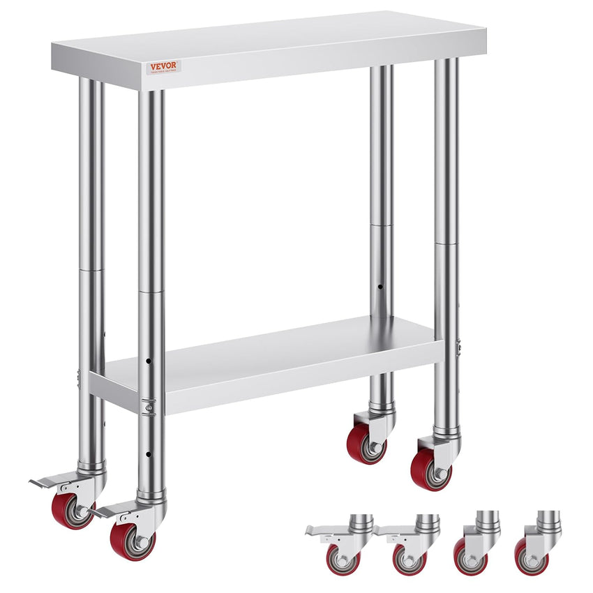 Vevor Mophorn Stainless Steel Work Table 36x24 Inch with 4 Wheels, Casters Heavy Duty Food Prep Worktable for Commercial Kitchen Restaurant, Silver
