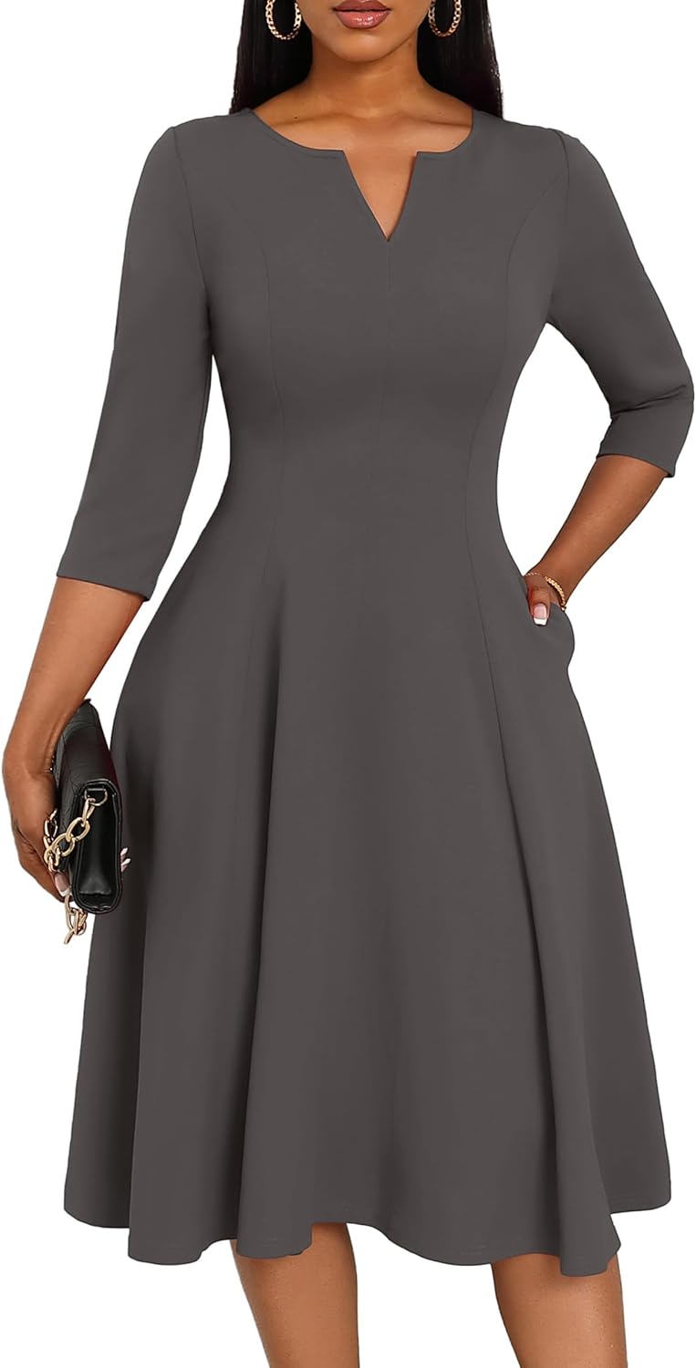 Nmoder Midi Dresses for Women A-Line Fit and Flare Dress 3/4 Sleeve V Neck Cocktail Wedding Guest Work Dress with Pockets