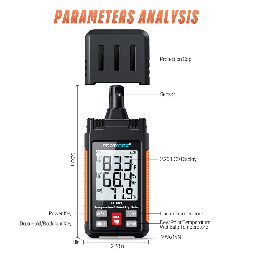 HT607 Temperature Humidity Meter High Precision Digital Hygrometer with Ambient, Relative Humidity, Dew Point, Wet Bulb Thermometer, Min/Max Hold, LCD Backlight with Cover Protector