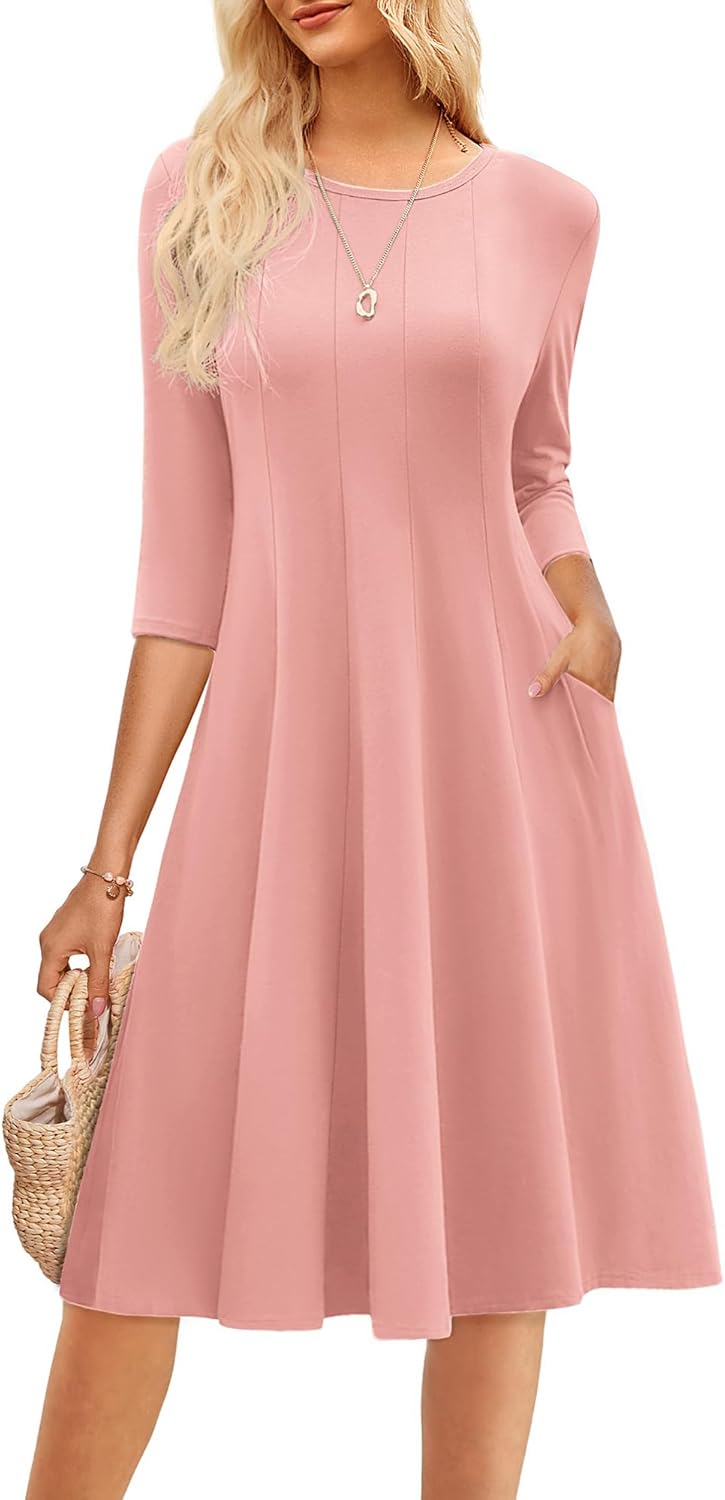 GRACE KARIN Fall Dresses for Women 2025 Casual 3/4 Sleeve Dress A Line Fit and Flare Midi Dress with Pockets