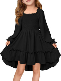 Haloumoning Girls Lantern Long Sleeve Dresses Kids Square Neck High Low Hem Smocked Fall Dress 5-14 Years