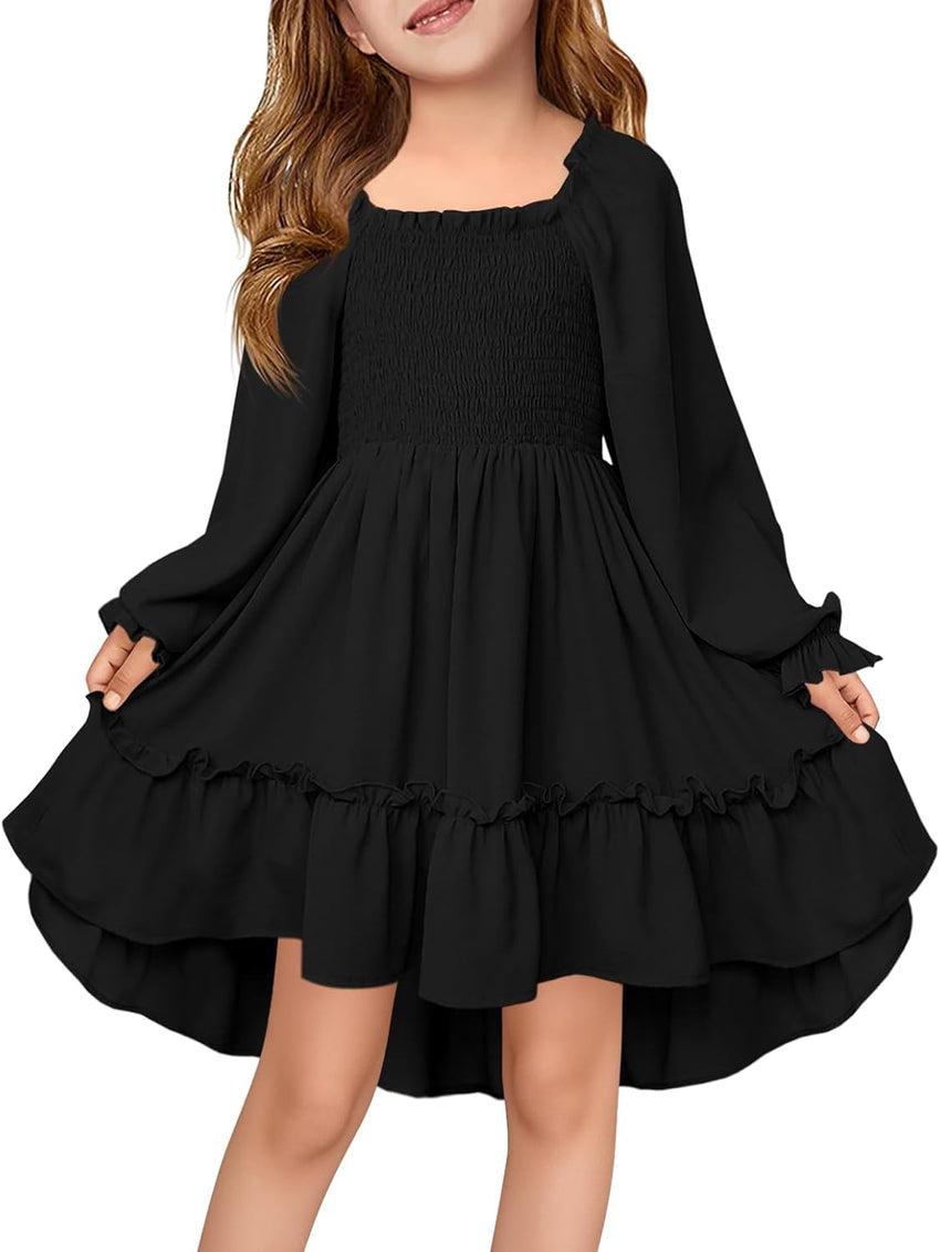 Haloumoning Girls Lantern Long Sleeve Dresses Kids Square Neck High Low Hem Smocked Fall Dress 5-14 Years