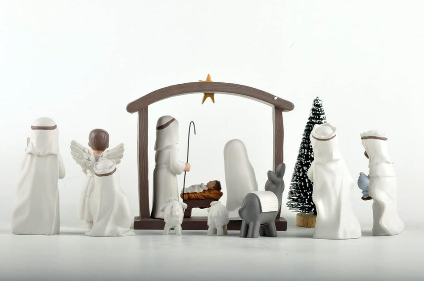 12-Piece Resin Christmas Nativity Scene Set – Miniature Holy Family Figurines with Manger and Animals, Indoor Holiday Tabletop Display