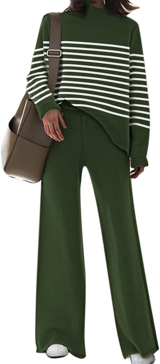 Fixmatti Women's Sweater Set High Neck Long Sleeve Top and Wide Leg Pant 2 Piece Lounge Set