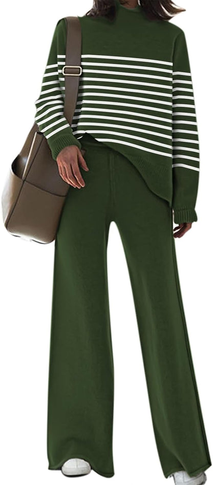 Fixmatti Women's Sweater Set High Neck Long Sleeve Top and Wide Leg Pant 2 Piece Lounge Set