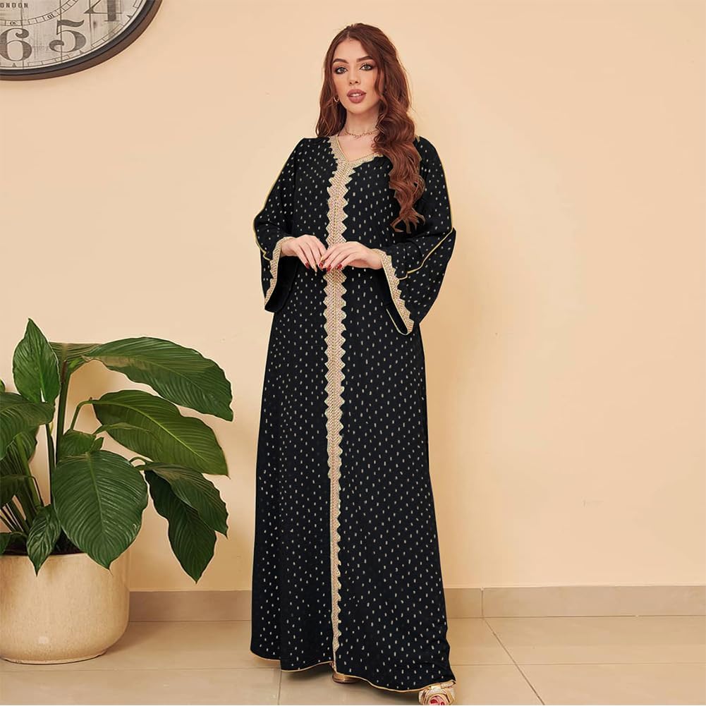 ODIZLI Womens Muslim Abaya Dress V Neck Bronzing Dress Islamic Full Length Kaftan Daily Casual One-Piece
