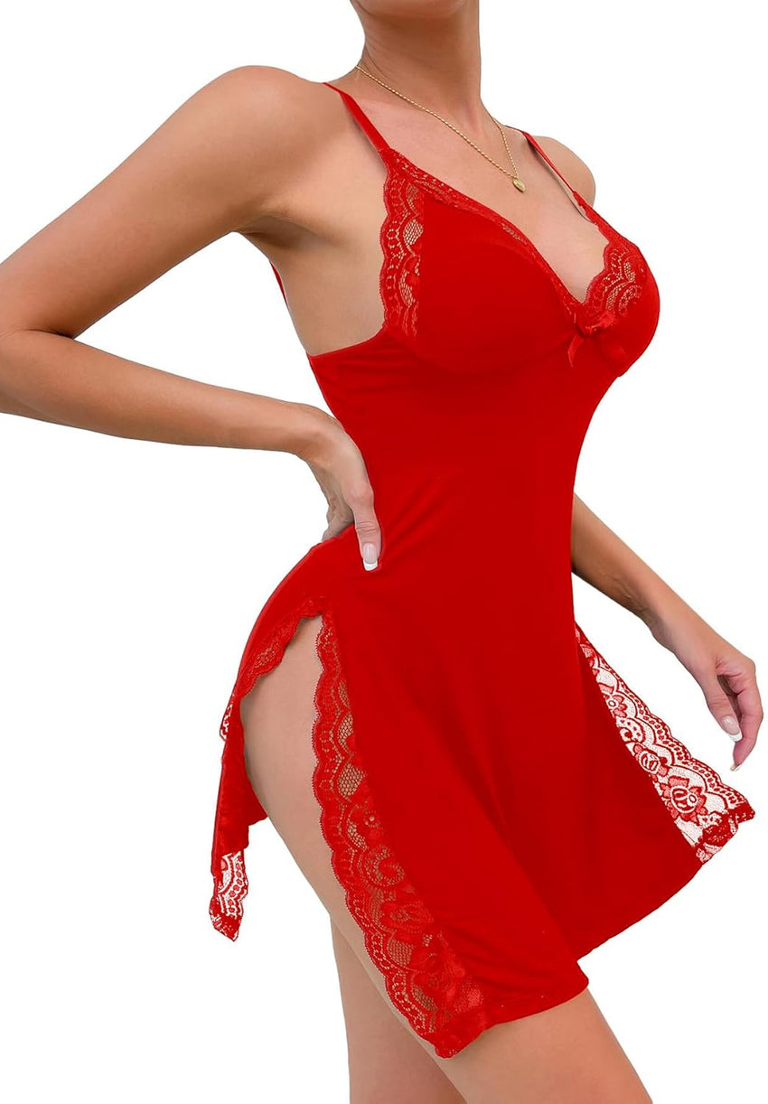 Sexy Split Side Floral Lace Trim Full Slip Night Gown Babydoll Lingerie Dress with Thong 2 piece