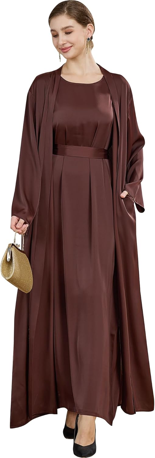 2PCS Muslim Abaya Women Islamic Dress with Belted Prayer Covered Eid Clothes