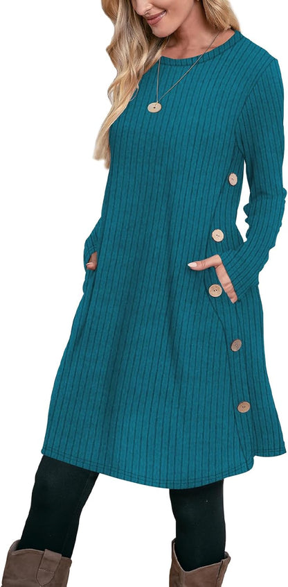 OFEEFAN Fall and Winter Tunic Dress with Pockets Long Sleeve Crew Neck Buttons Side