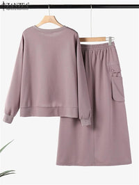 Women Spring Fall Sweatshirts Dress Sets Long Sleeve Hoodies Midi Skirt Two-Piece Set