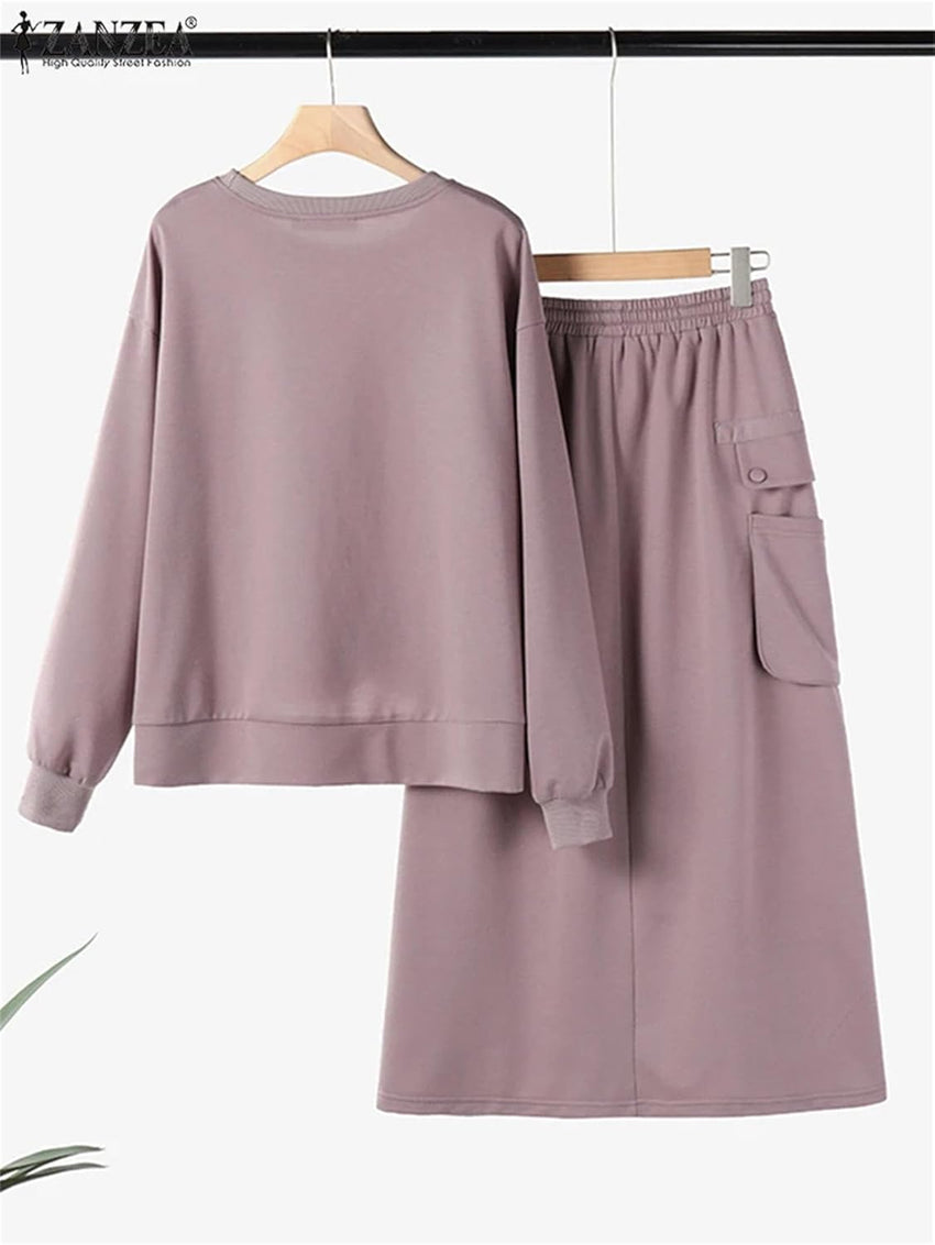 Women Spring Fall Sweatshirts Dress Sets Long Sleeve Hoodies Midi Skirt Two-Piece Set