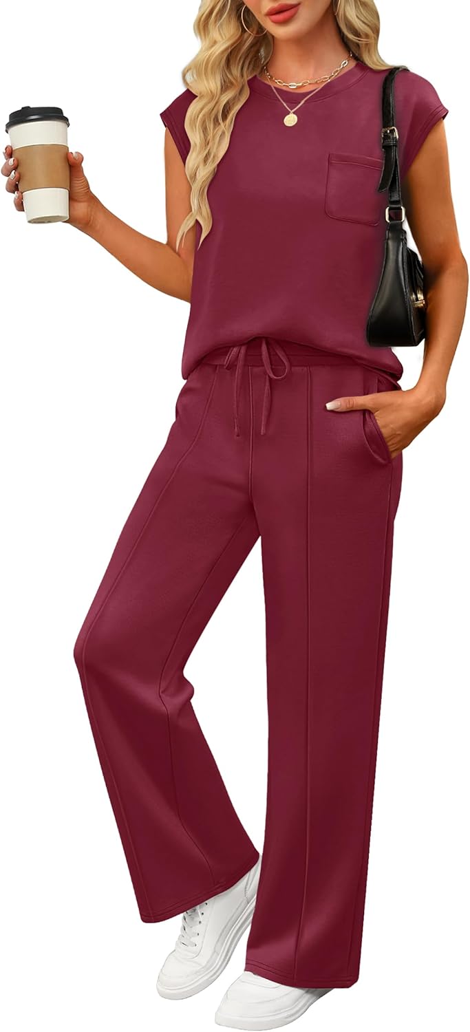 ANRABESS Two Piece Sets for Women Summer Sleeveless Sweatsuits Wide Leg Casual Lounge Set Matching Vacation Travel Outfits
