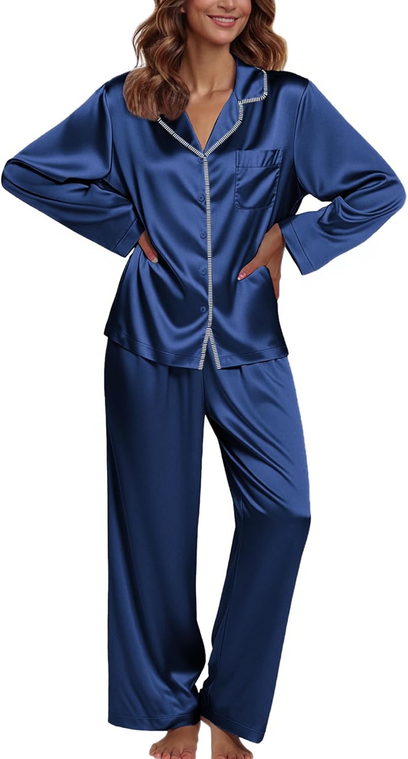 Ekouaer Pajamas For Women Set Silk Pjs 2 Piece Satin Sleepwear Long Sleeve Button Down Lounge Sets With Pant