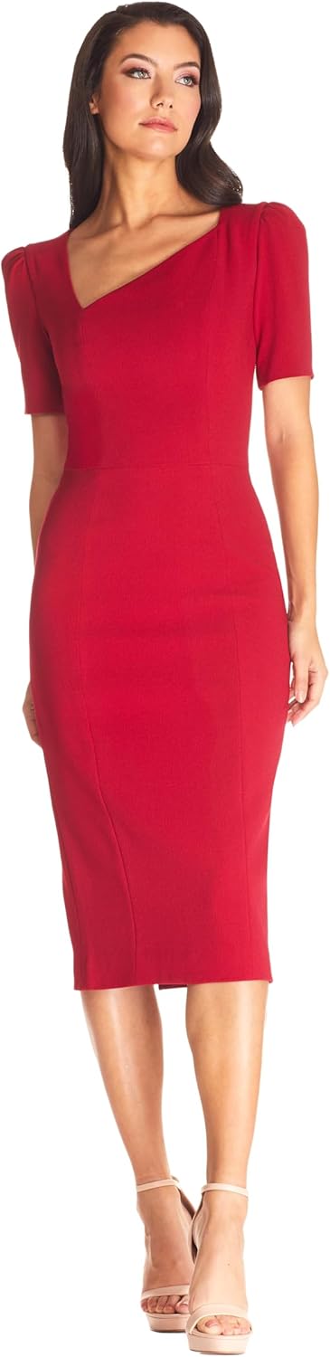 Dress the Population Womens Ruth Short Puff Sleeves Asymmetrical Neckline Bodycon Midi Dress